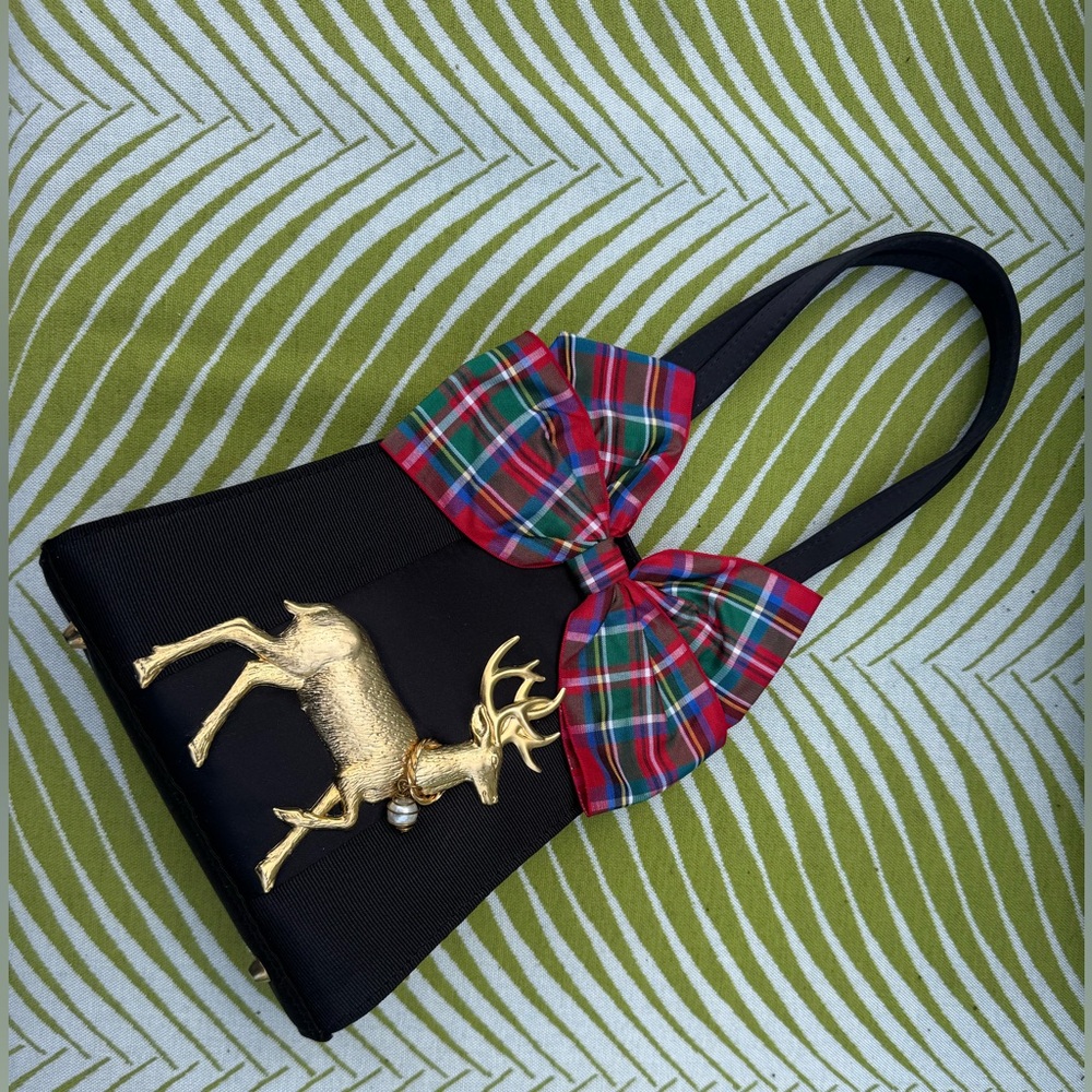 Lisi Lerch Elegant Black and Gold Handbag with Plaid Bow